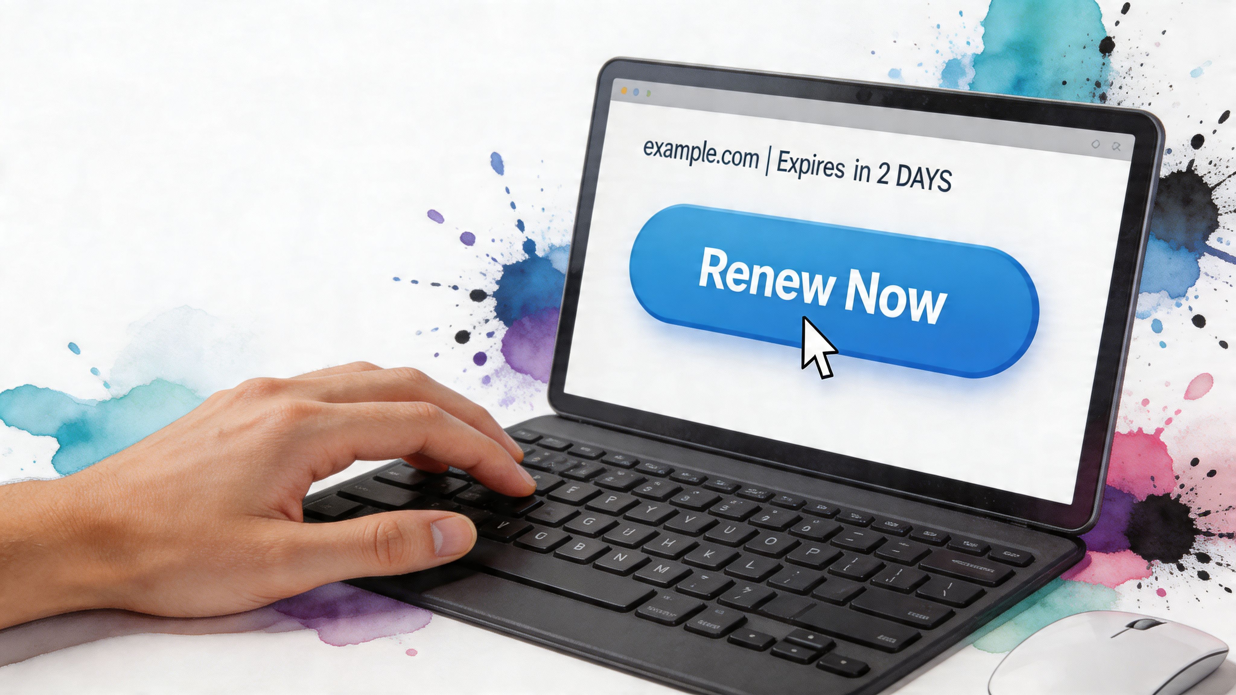 A hand using a keyboard to click a Renew Now button on a website domain expiration notification.