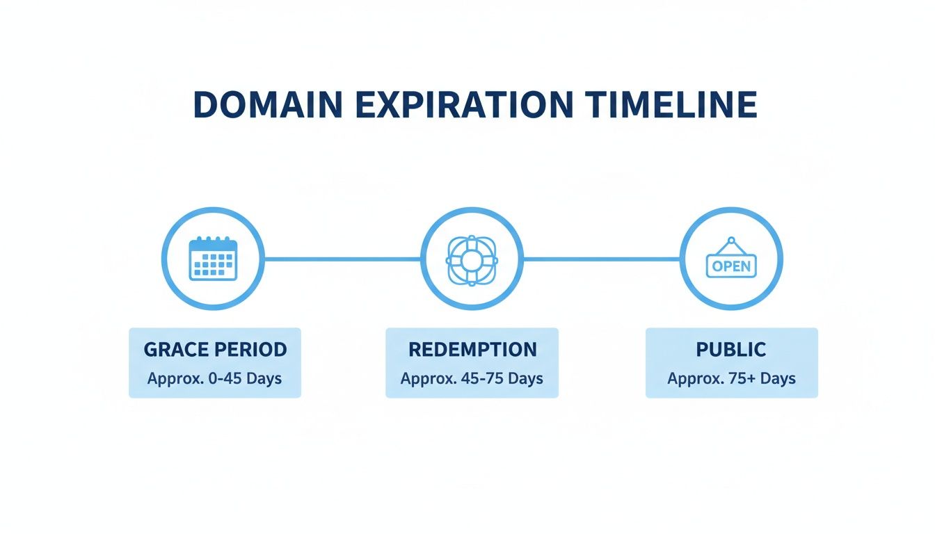 A domain expiration timeline showing grace, redemption, and public periods with associated days.