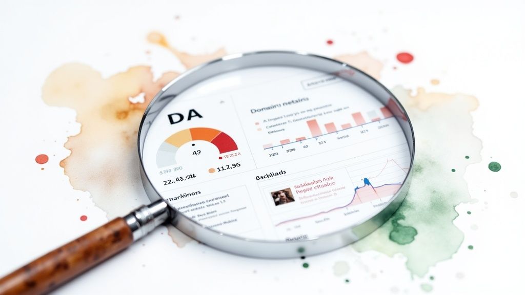 Magnifying glass over a document displaying SEO domain authority, business data, and analytics charts.