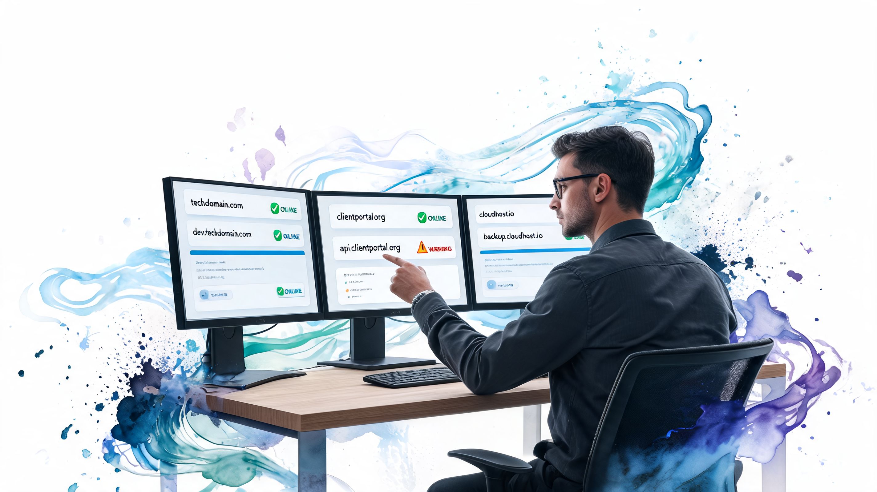 A professional analyzing domain network status on triple computer monitors in a creative digital office environment.