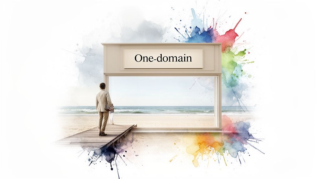 Man walks on a boardwalk towards a window framing a beach view, with a 'One-domain' sign and watercolor art.