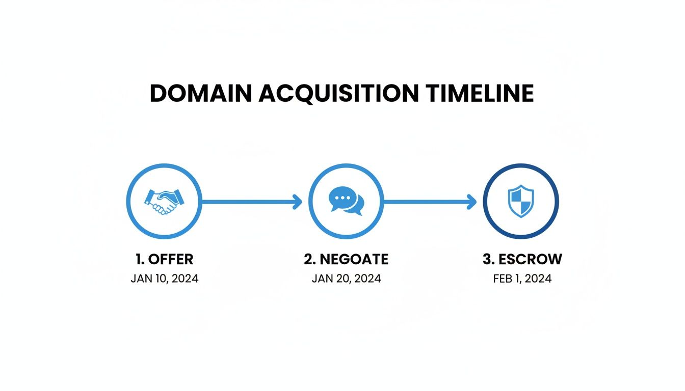 Domain acquisition timeline showing three steps: offer, negotiate, and escrow with corresponding dates.