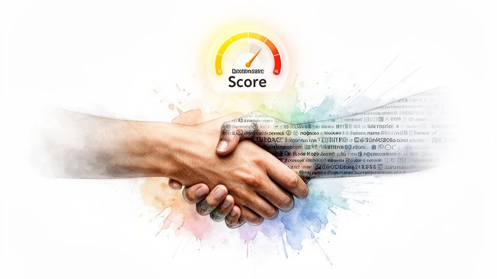 Two hands shaking with a glowing score gauge above, symbolizing agreement and good reputation.