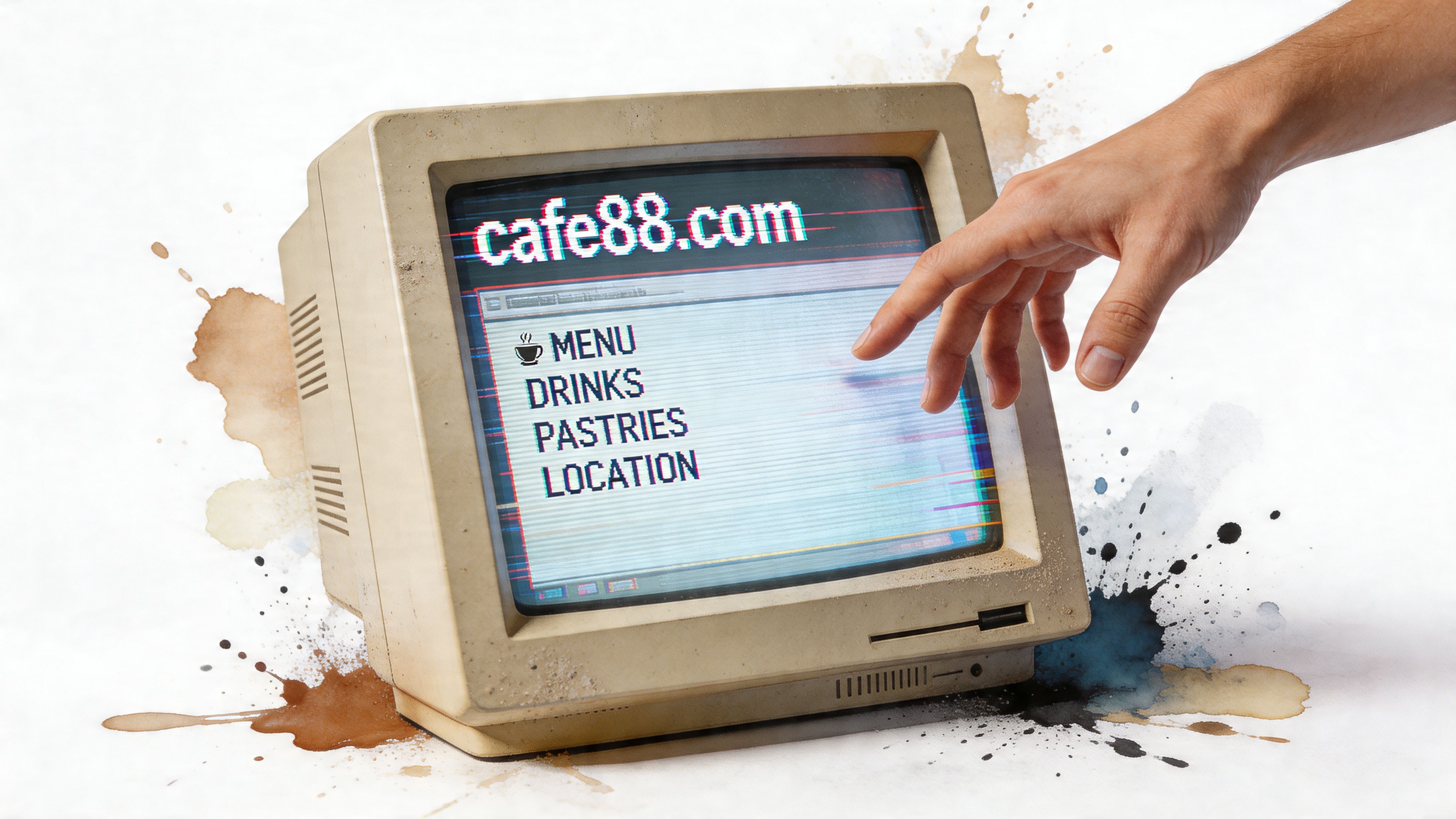 A hand reaching toward an old-fashioned computer monitor displaying a digital menu for cafe88.com with paint splashes.