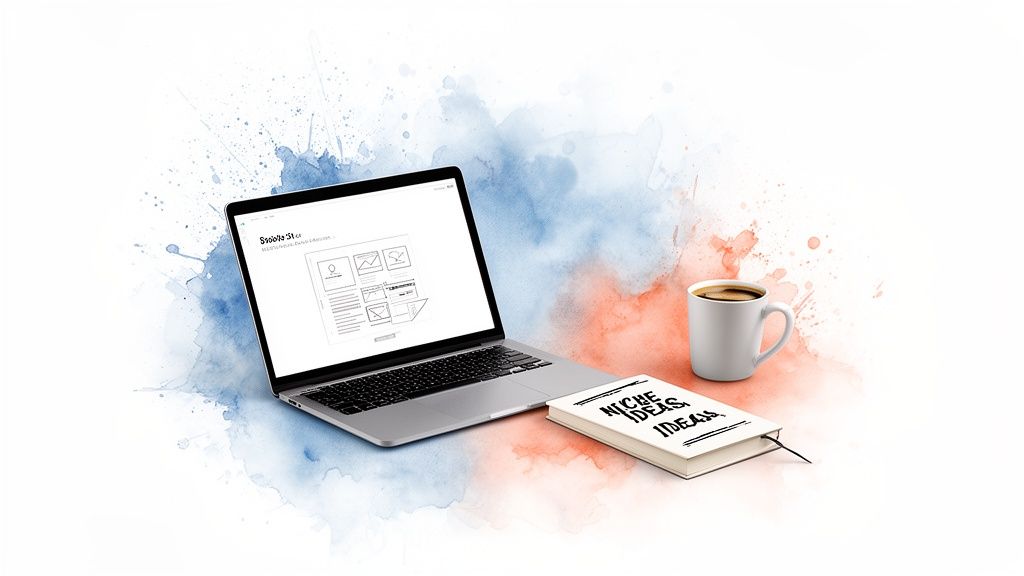 A laptop displaying a wireframe design, a coffee mug, and a notebook titled 'Niche Ideas' on a watercolor background.