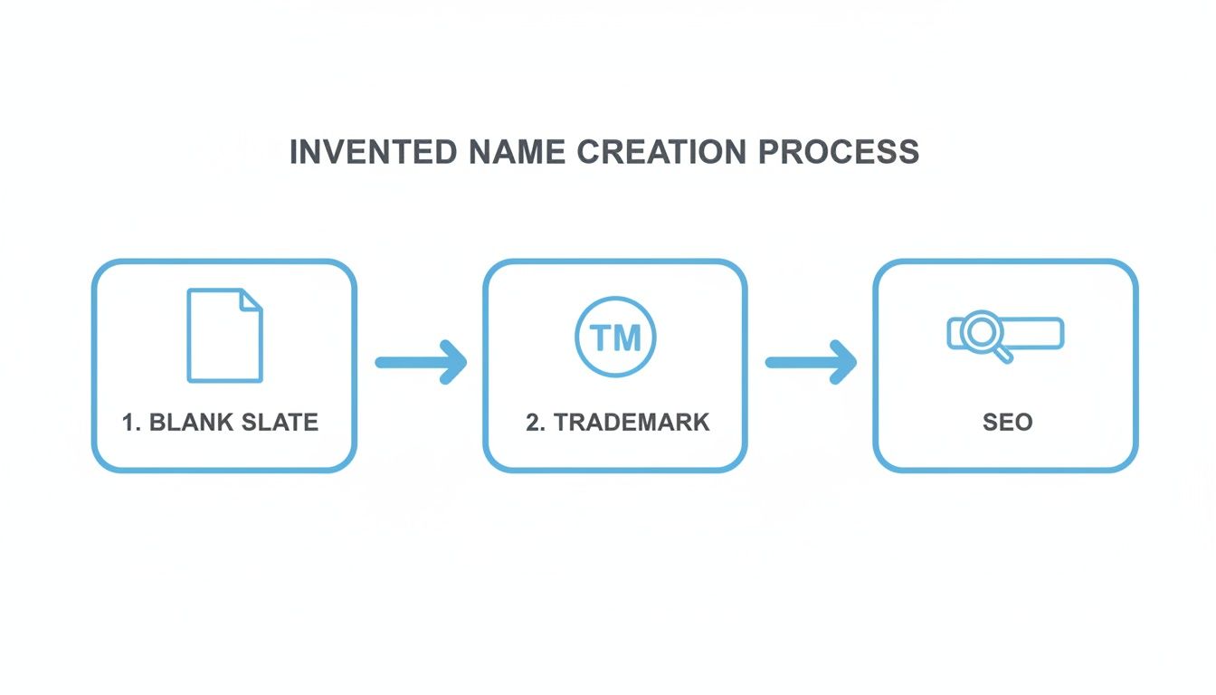 A diagram illustrates the invented name creation process with three steps: Blank Slate, Trademark, and SEO.
