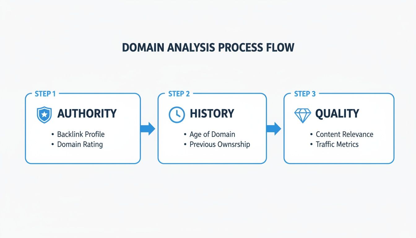 Domain analysis process flow diagram showing steps for authority, history, and quality metrics.