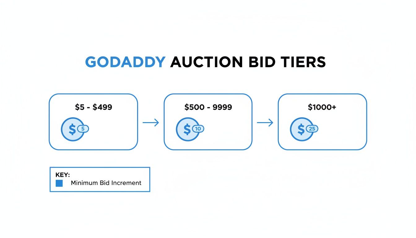 Godaddy Auction Bid Tiers flowchart, displaying minimum bid increments for different bid ranges.
