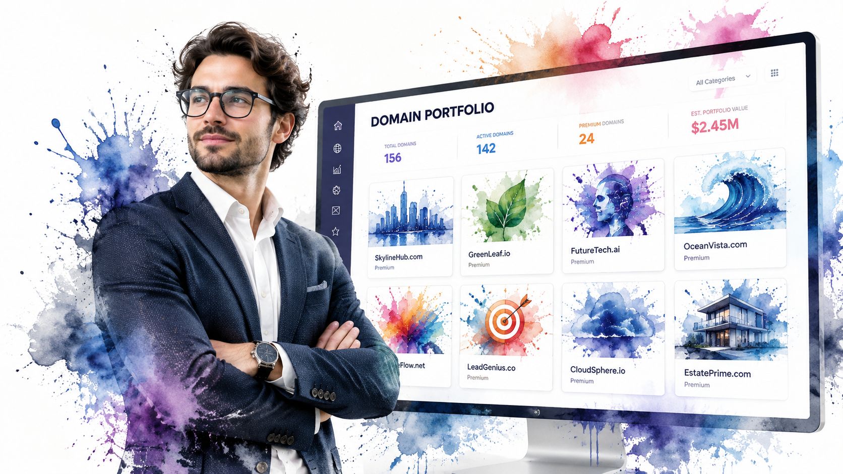 A professional man standing next to a computer monitor displaying a digital domain name portfolio dashboard.