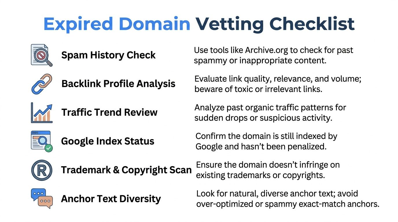 A comprehensive checklist for vetting expired domains, covering spam history, backlinks, traffic, and legal considerations.