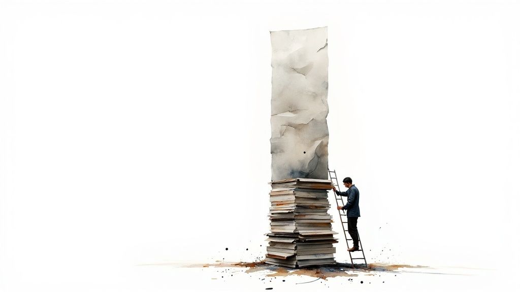 Watercolor illustration of a man climbing a ladder beside a tall stack of books and a paper column.