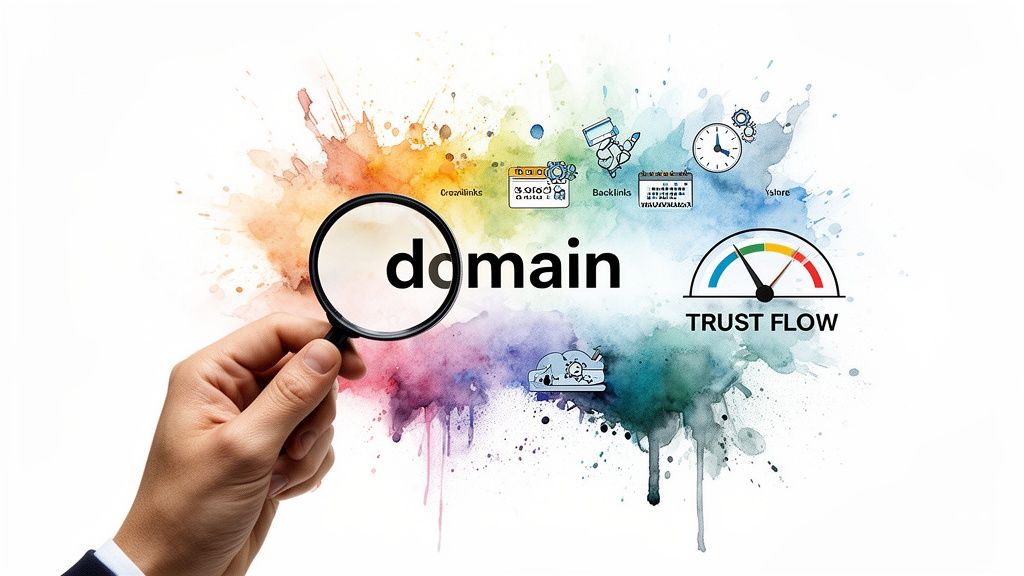 Hand magnifying 'domain' text amidst SEO metrics, including 'Trust Flow,' on a vibrant watercolor background.