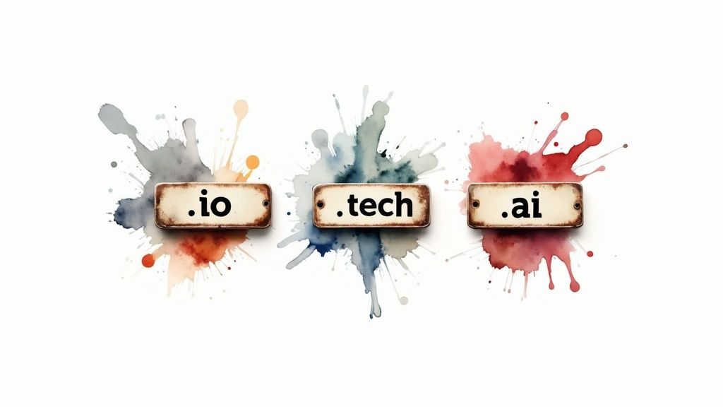 Watercolor splatters behind three rustic plaques displaying .io, .tech, and .ai domain extensions.