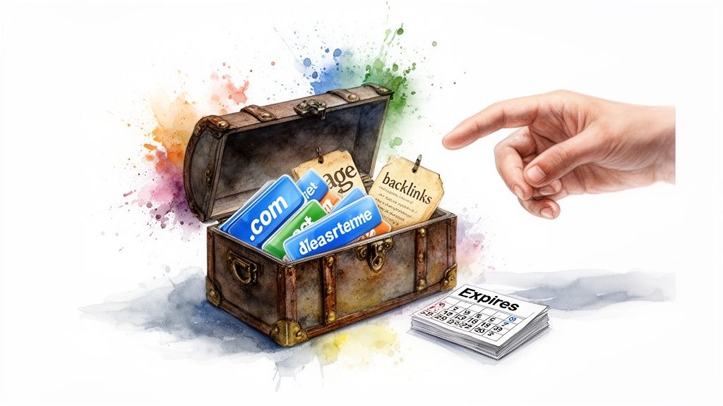 A hand points to a treasure chest filled with domain names and backlinks, next to an 'Expires' calendar.