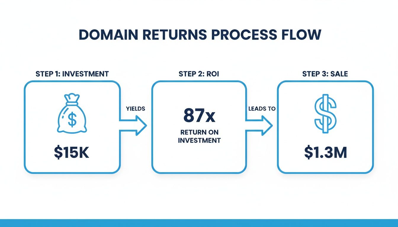 A domain returns process flow diagram showing $15K investment yielding 87x ROI leading to a $1.3M sale.