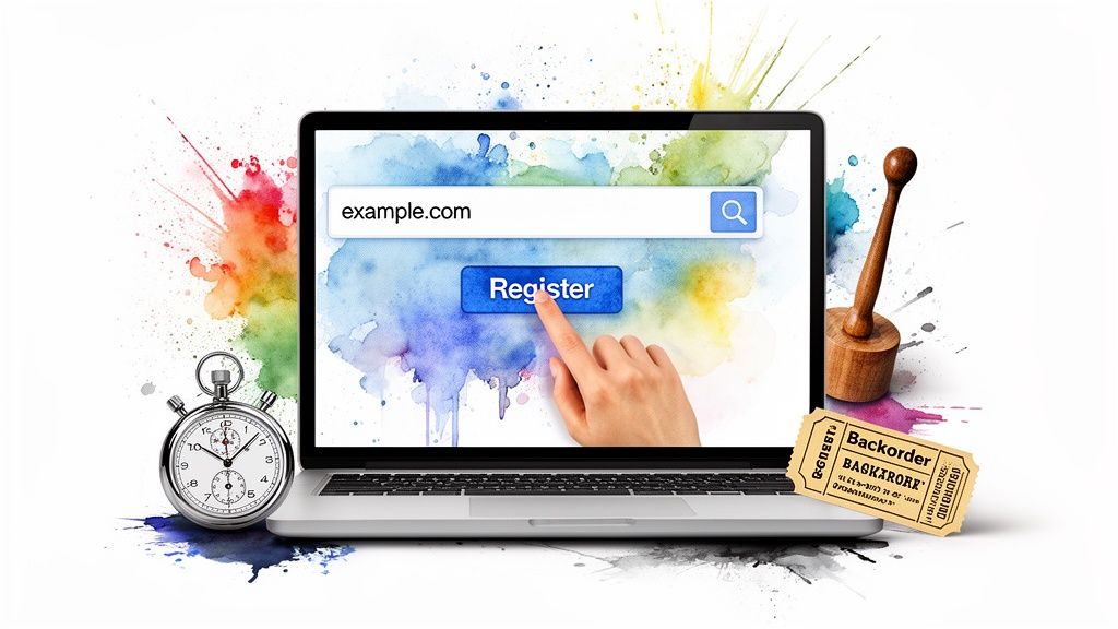 A hand clicks 'Register' for 'example.com' on a laptop, with a stopwatch and 'Backorder' ticket.