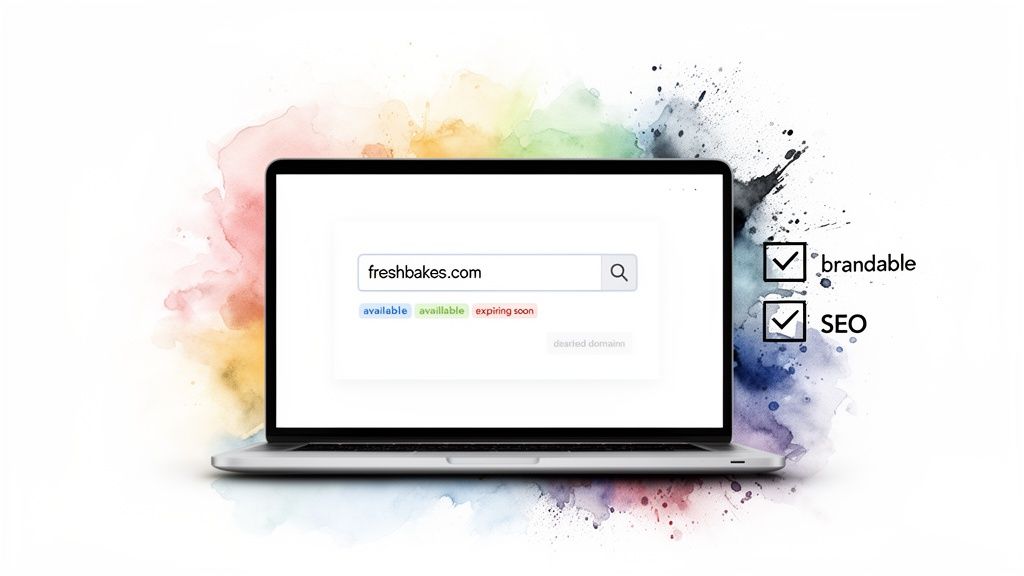 Laptop screen showing 'freshbakes.com' domain search results, emphasizing brandable and SEO benefits.
