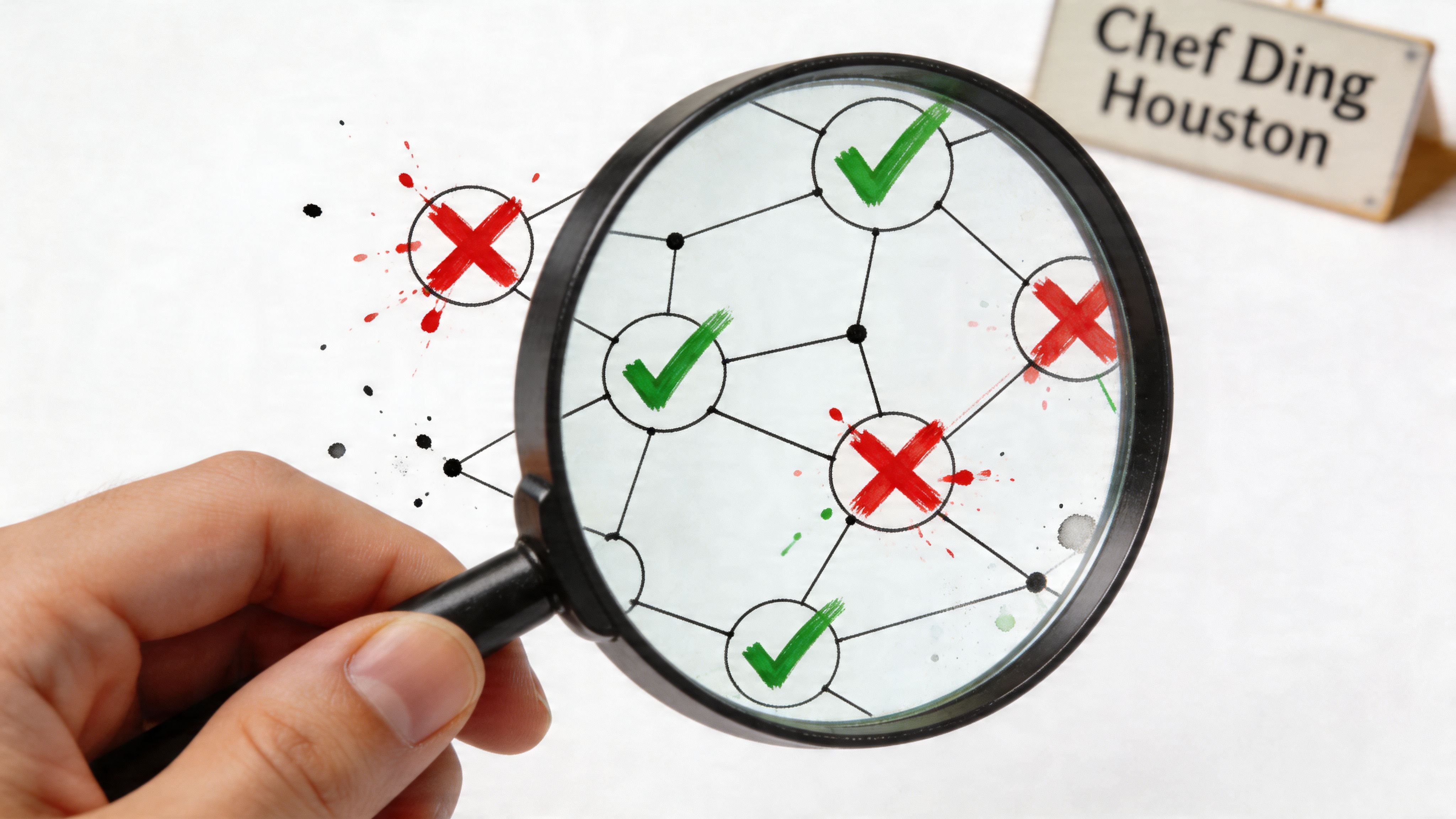 A hand holds a magnifying glass over a network diagram featuring various red crosses and green checkmarks.