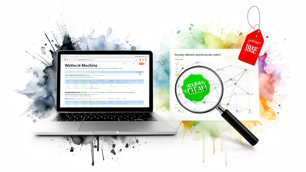 A laptop showing a data management interface, alongside a graph with 'CLEAN' results through a magnifying glass and a 'TOXIC' tag.