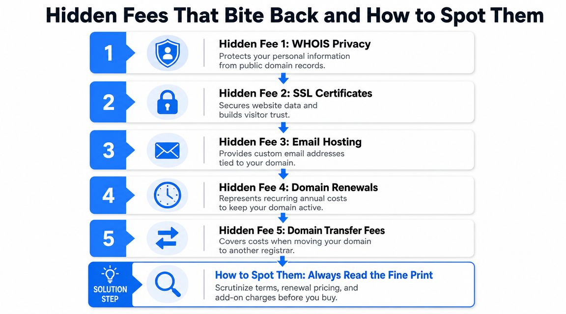 A diagram listing five common hidden fees in domain name registration and how to spot them.