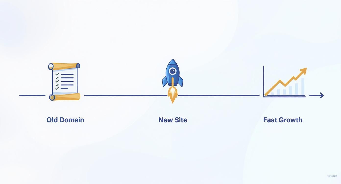 Timeline showing progression from old domain to new site launch to fast growth with upward trending chart