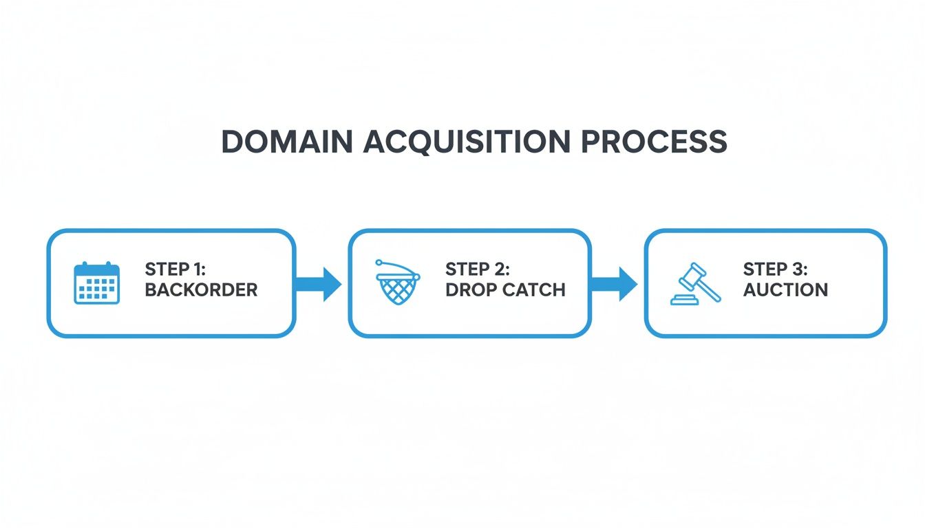 Flowchart illustrating the three-step domain acquisition process: backorder, drop catch, and auction.