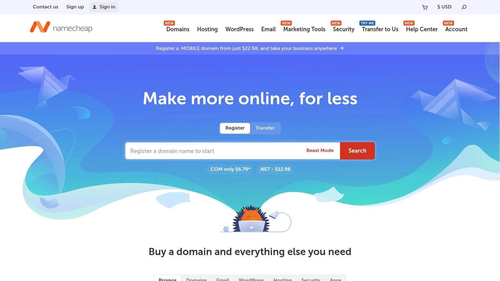 A screenshot of the Namecheap website showing the search bar for finding games domain names.
