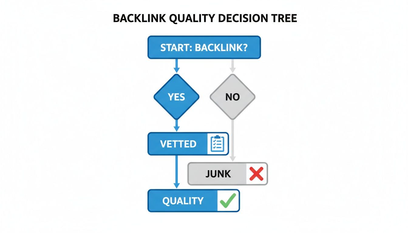 Flowchart illustrating a backlink quality decision tree, guiding from start to quality or junk.