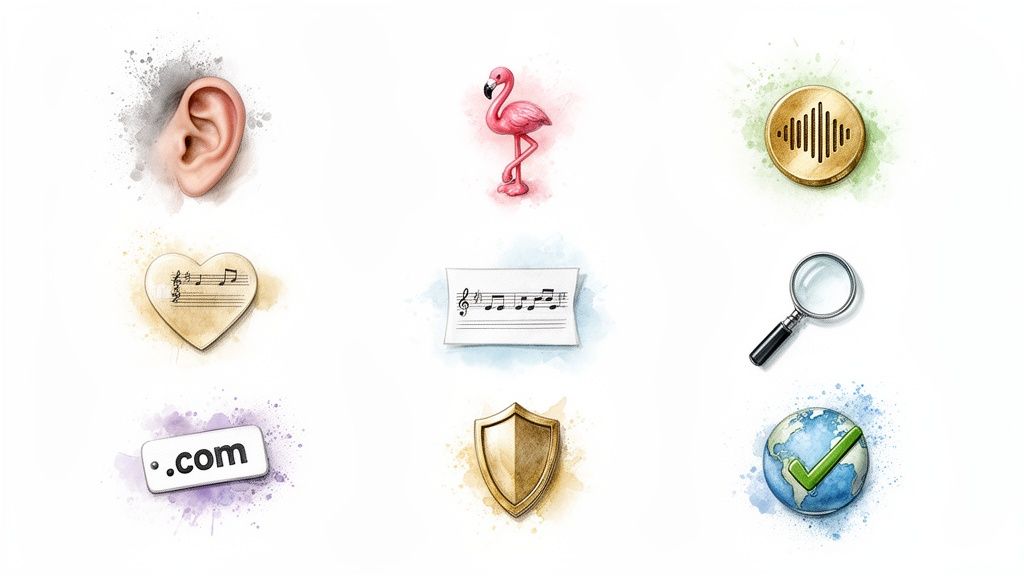 Nine distinct watercolor-style icons in a grid representing concepts like hearing, music, search, and online presence.