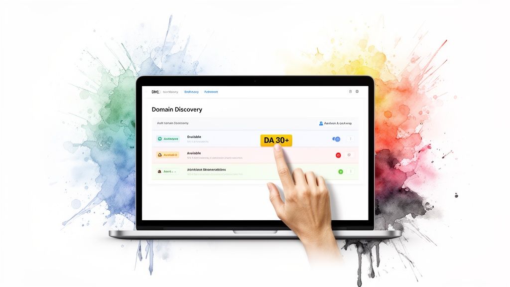 A hand clicks a 'DA 30+' button on a laptop screen displaying a domain discovery tool, against colorful splashes.