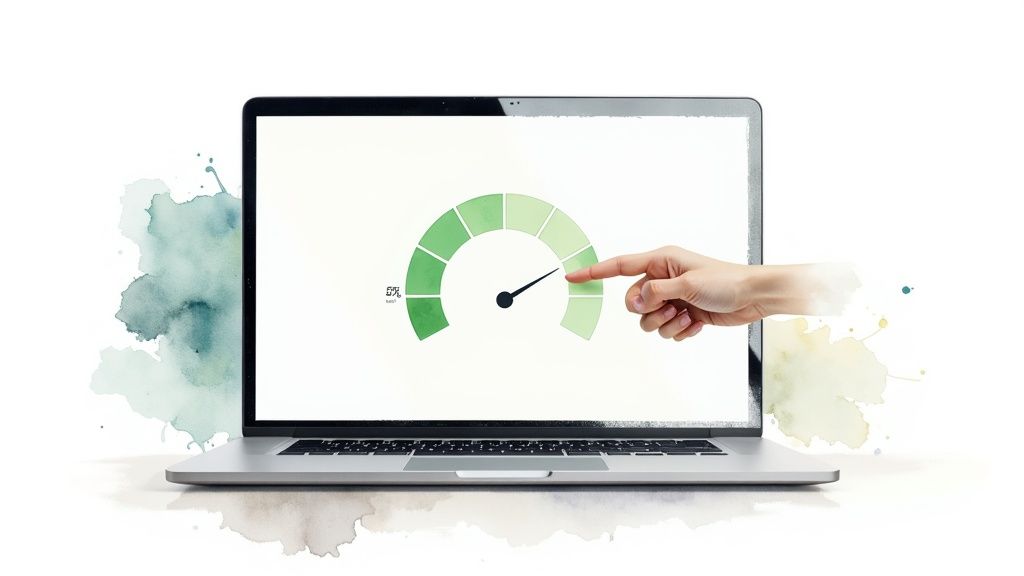 A hand interacts with a green performance meter on a laptop screen, surrounded by watercolor splashes.