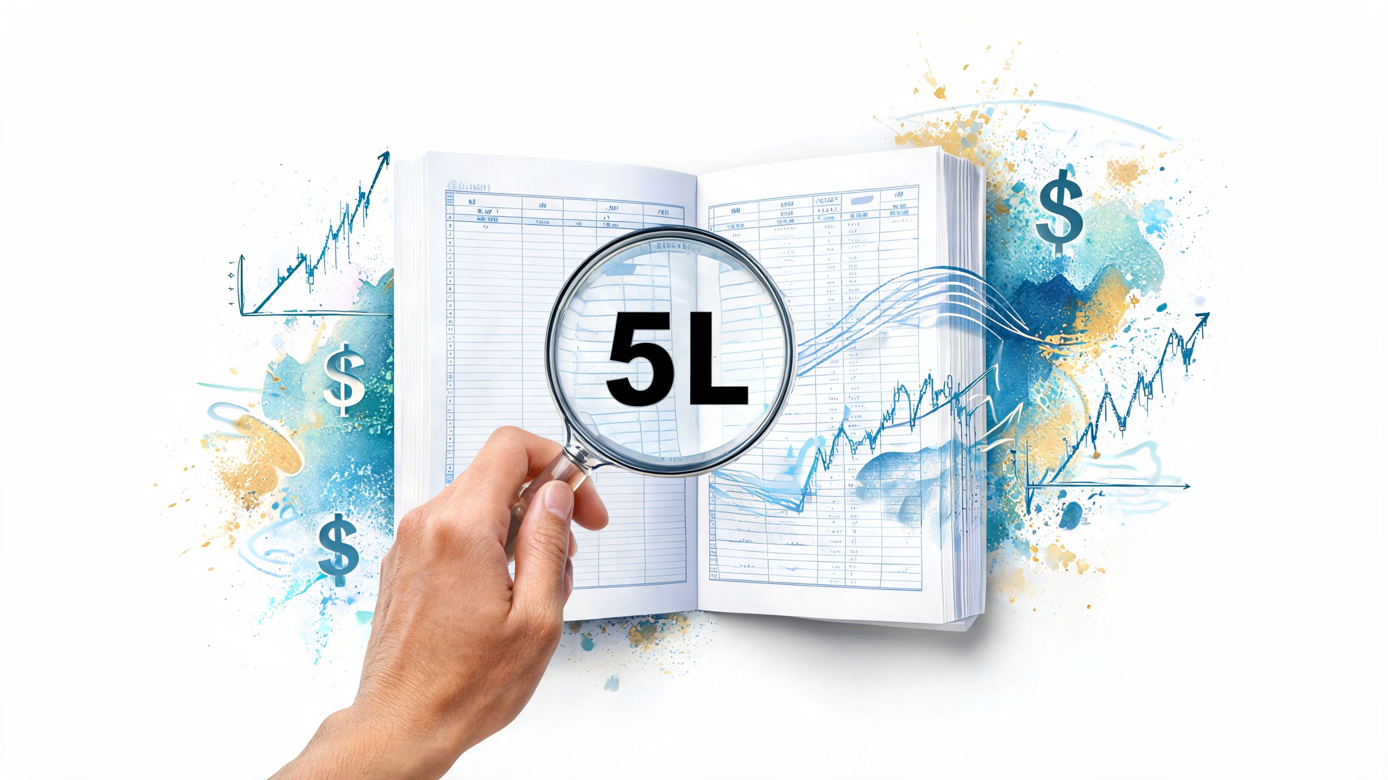 A hand holding a magnifying glass over an open financial ledger featuring the text 5L.