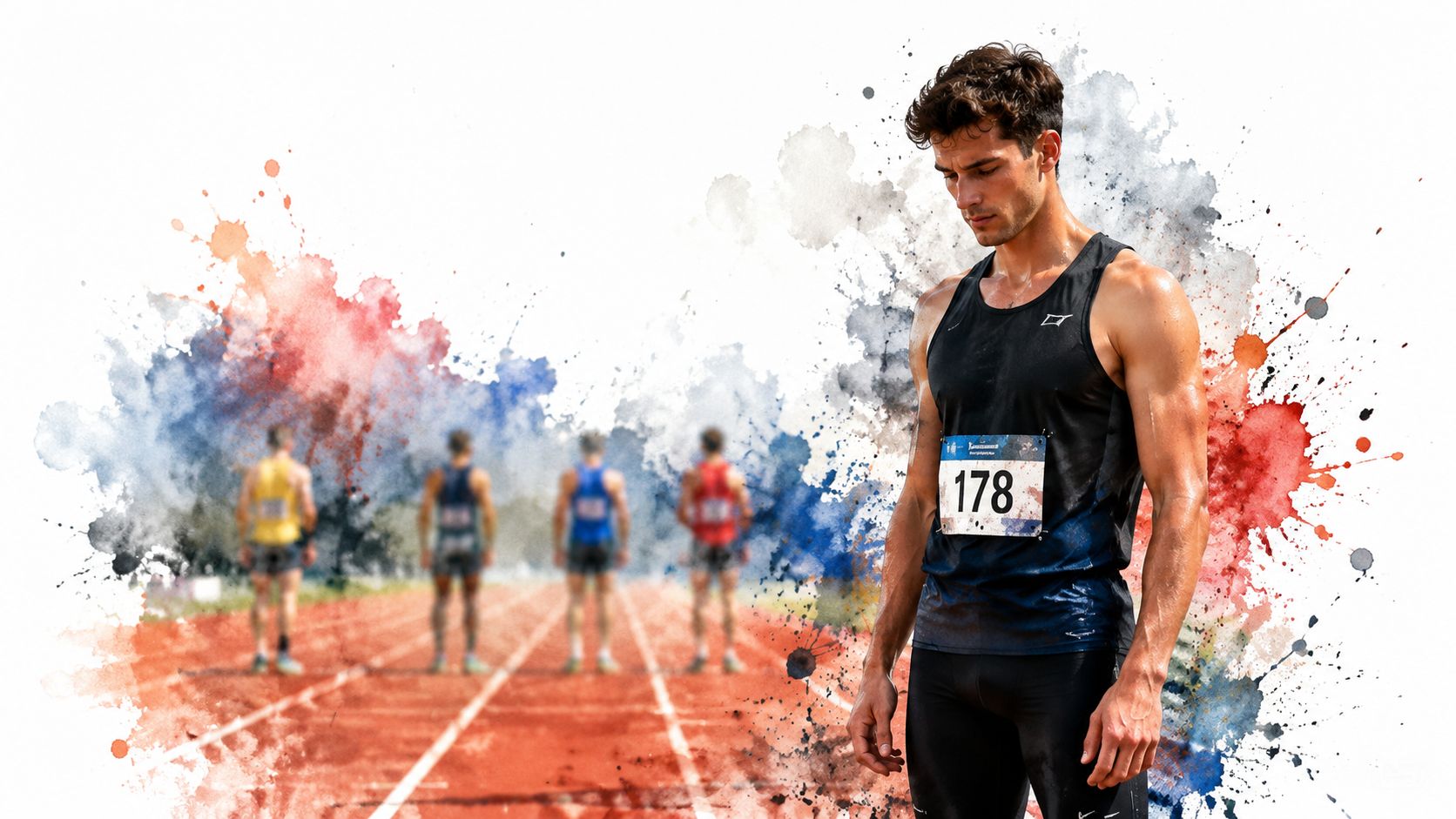 A focused male runner with bib number 178 stands before a track competition with other athletes blurry.