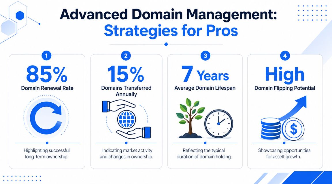 An infographic titled Advanced Domain Management showing four key statistics for professional domain name registration strategy.
