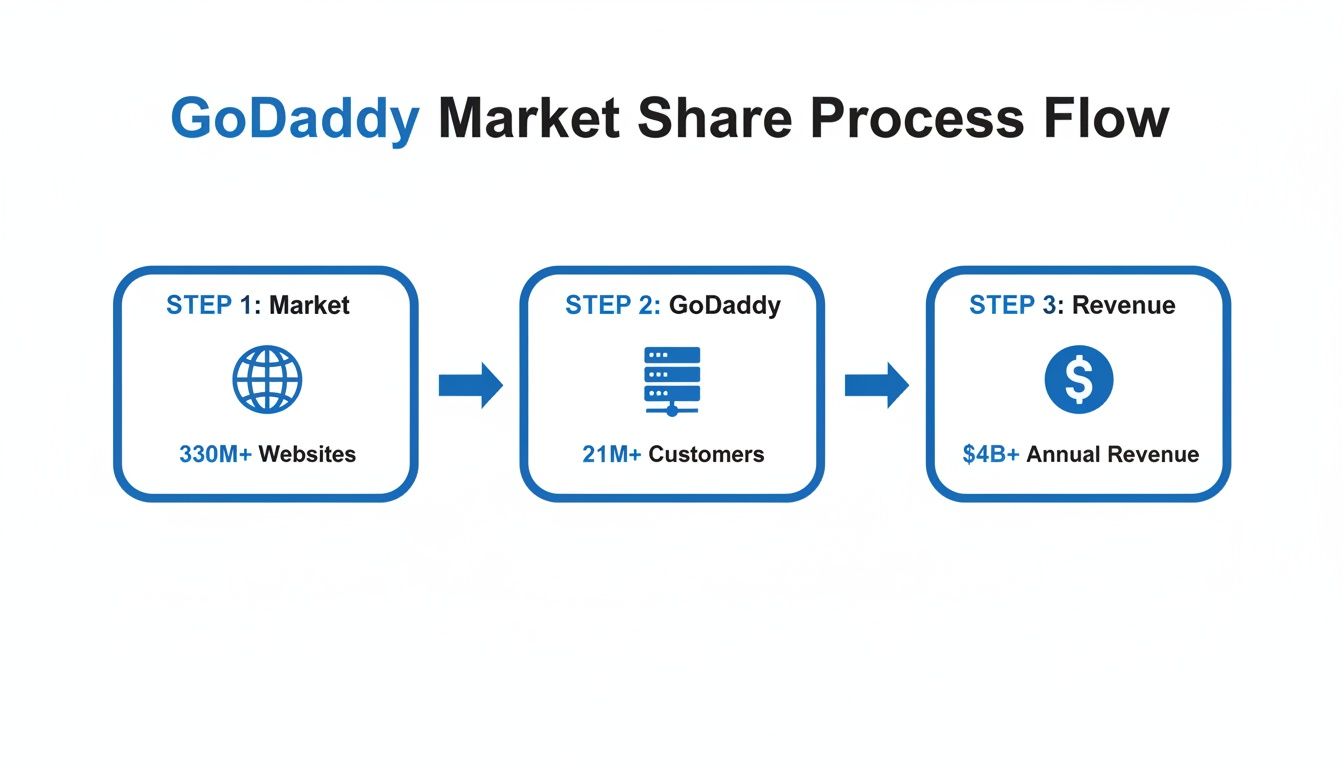 GoDaddy market share process flow showing 330M+ websites, 21M+ customers, and $4B+ annual revenue.