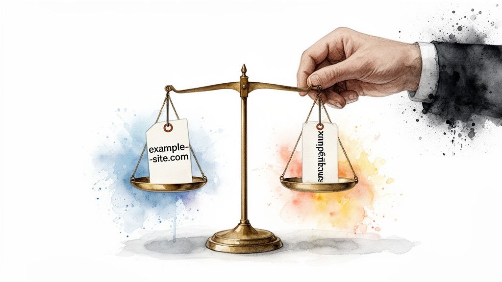 A balance scale weighing a clear English domain name against a punycode domain.