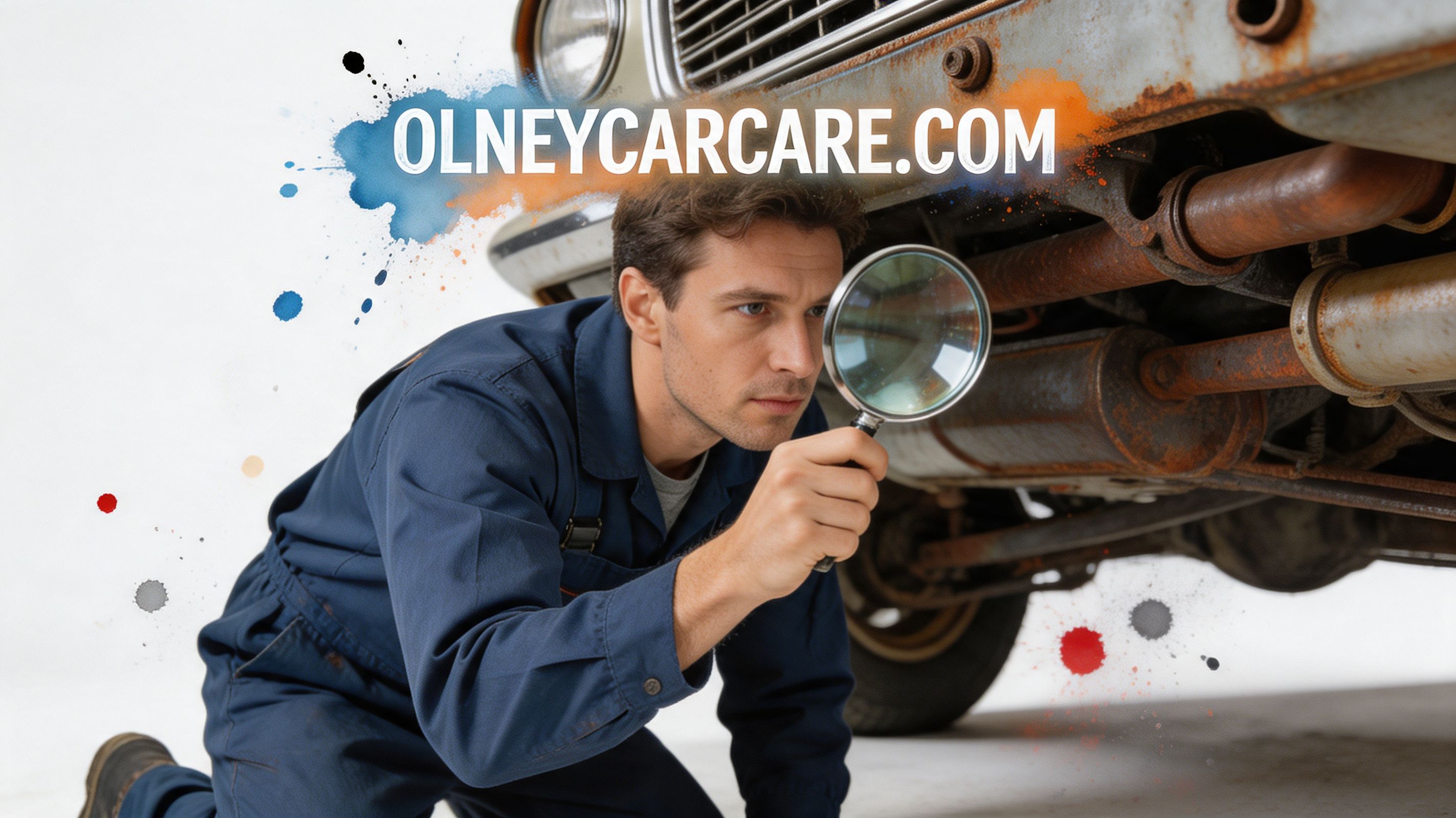 A professional mechanic in blue uniform inspects the undercarriage of a rusty vehicle with a magnifying glass.