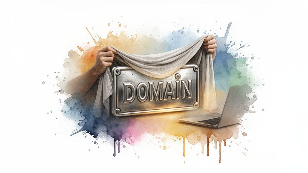 Hands unveil a metallic 'DOMAIN' sign, surrounded by colorful watercolor splashes and a laptop.