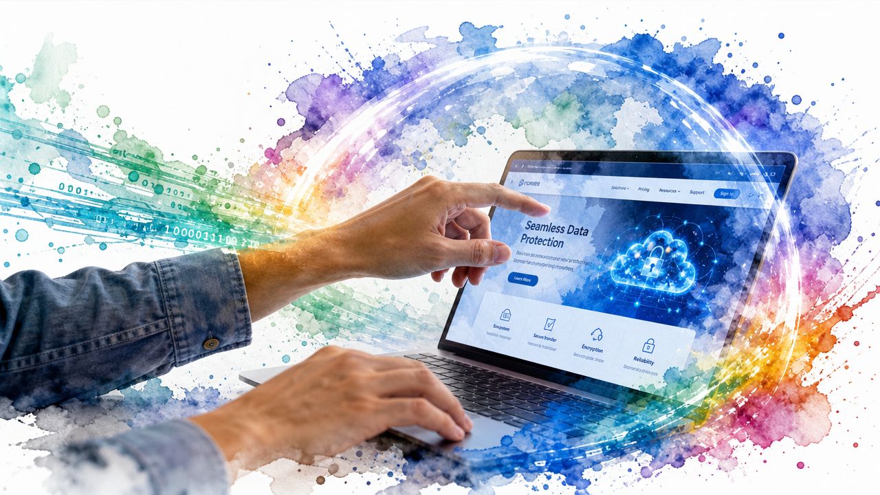 A person using a laptop with abstract watercolor elements symbolizing digital data protection and cloud security