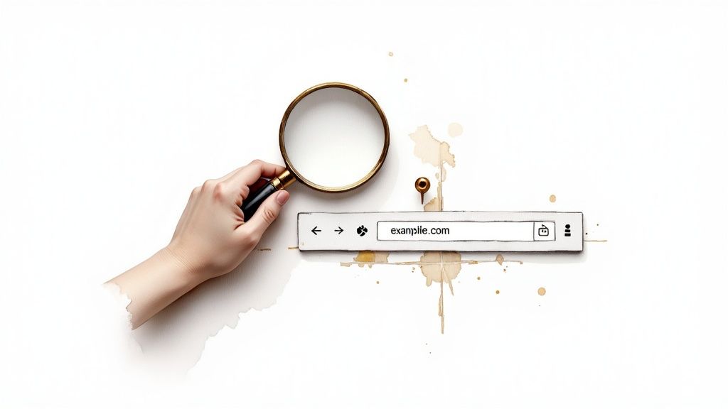 Hand holding magnifying glass over browser address bar showing example.com for domain research