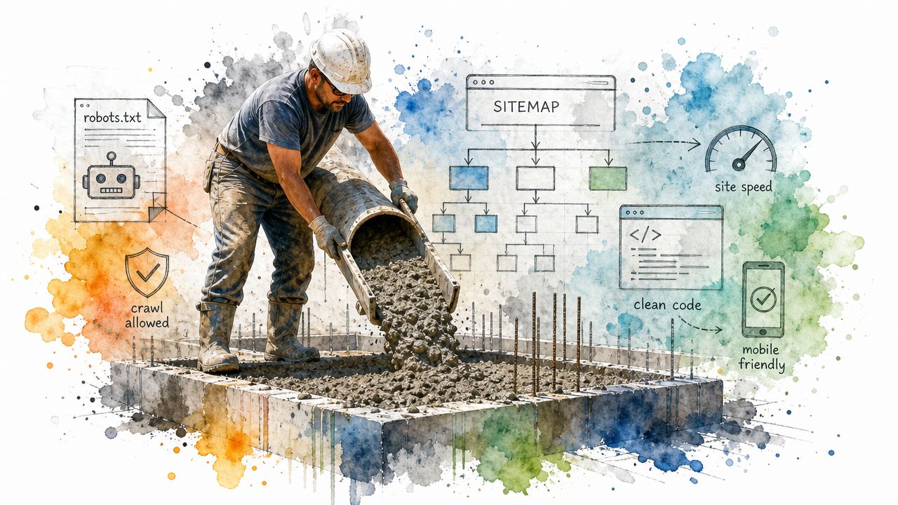 A construction worker pouring concrete representing the foundational technical SEO elements for a new domain.