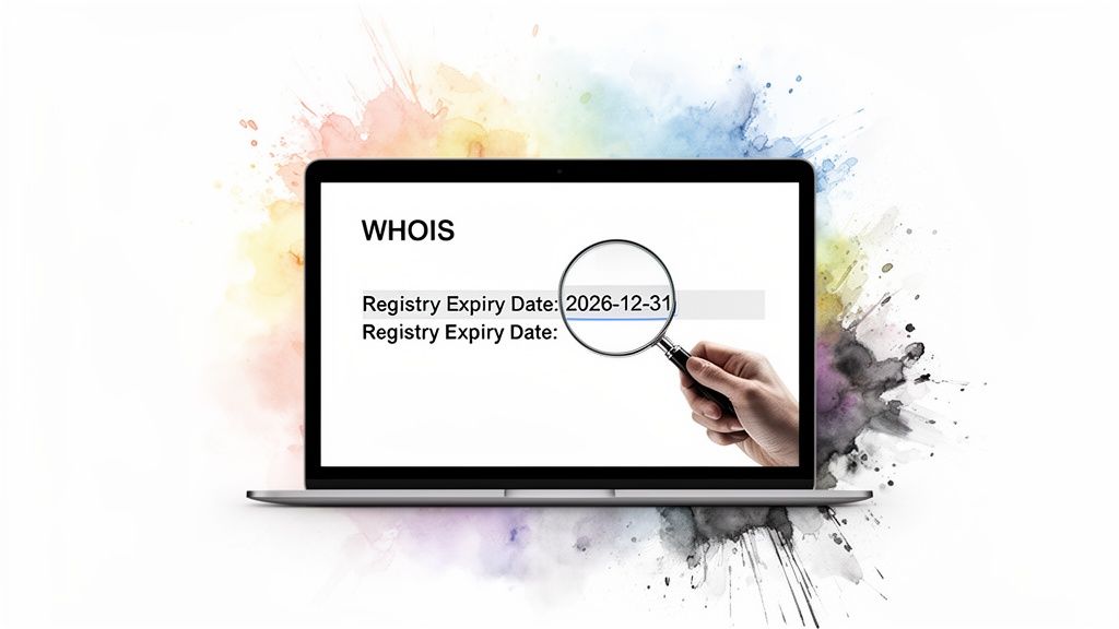 Laptop showing WHOIS domain expiry date 2026-12-31, magnified by a hand.