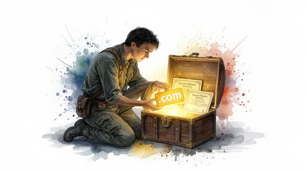 An adventurer finds a glowing .com domain name inside an open treasure chest.