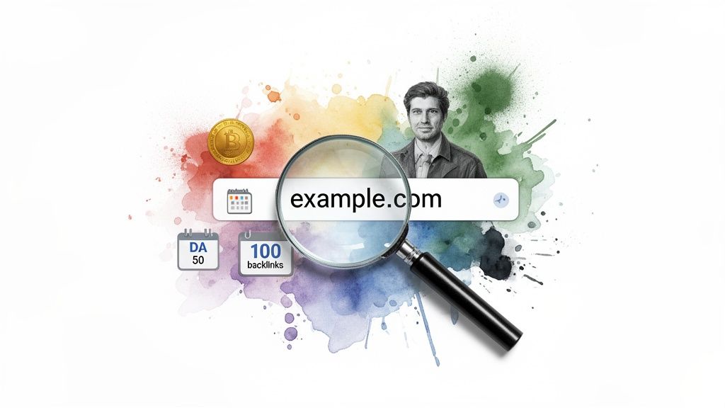 A magnifying glass inspecting 'example.com' with SEO metrics like DA 50, backlinks, and a calendar against a colorful background.