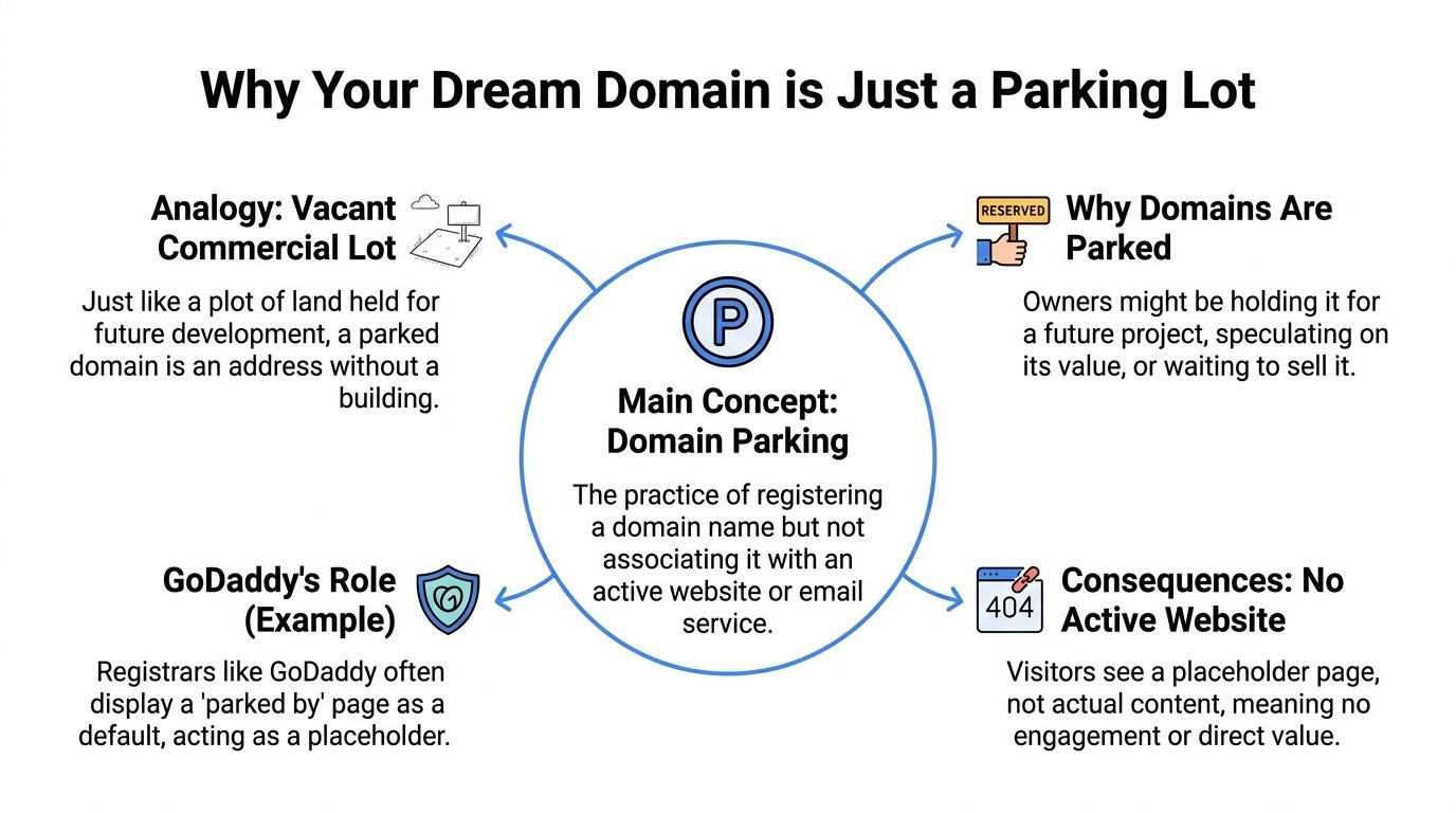 A diagram explaining domain parking by comparing it to an undeveloped vacant commercial land lot.