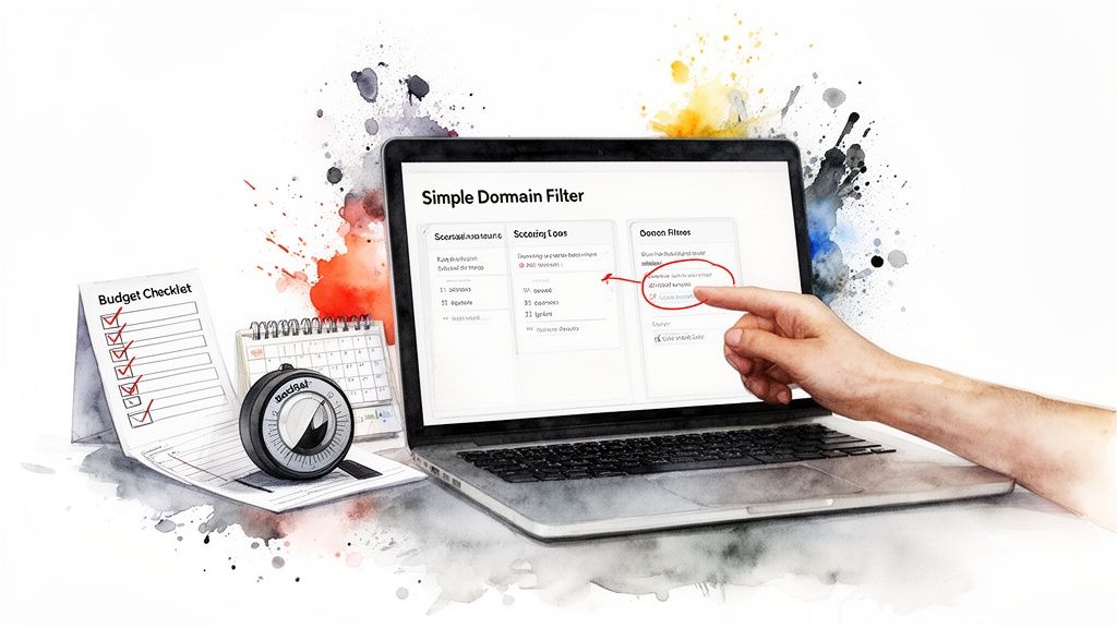 Watercolor illustration of a laptop with a domain filter on screen, a hand pointing, and a budget checklist.