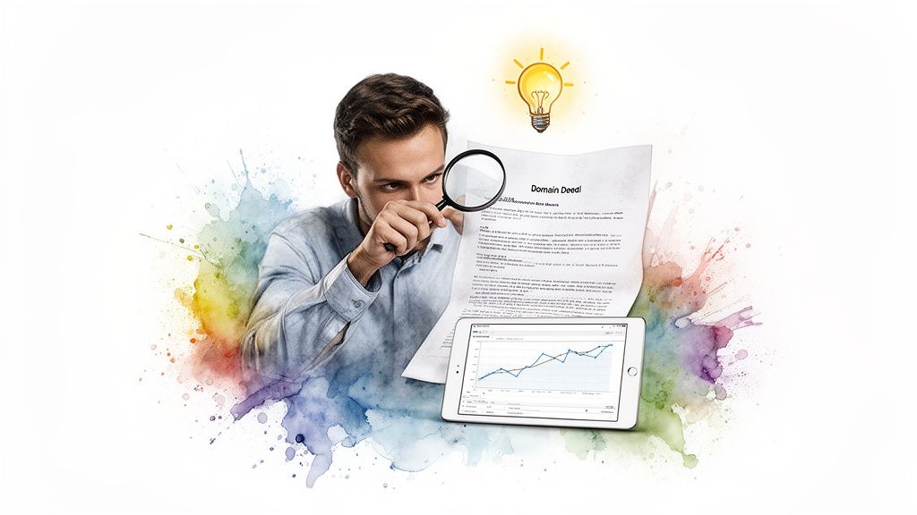 Man examining a "Domain Deed!" document with a magnifying glass, tablet with a graph, and a light bulb.