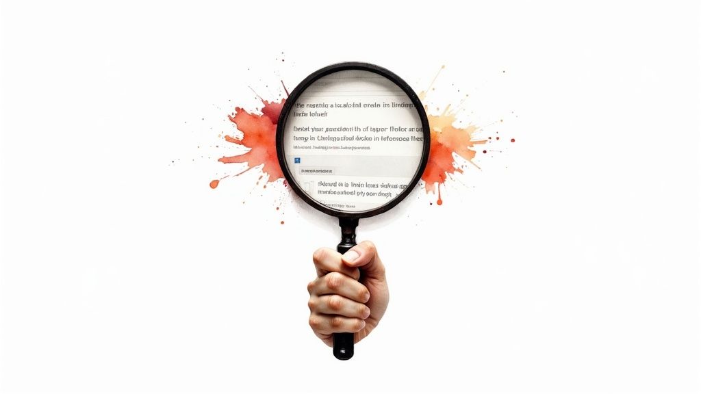 A hand holds a magnifying glass over blurred text, surrounded by vibrant watercolor splashes.