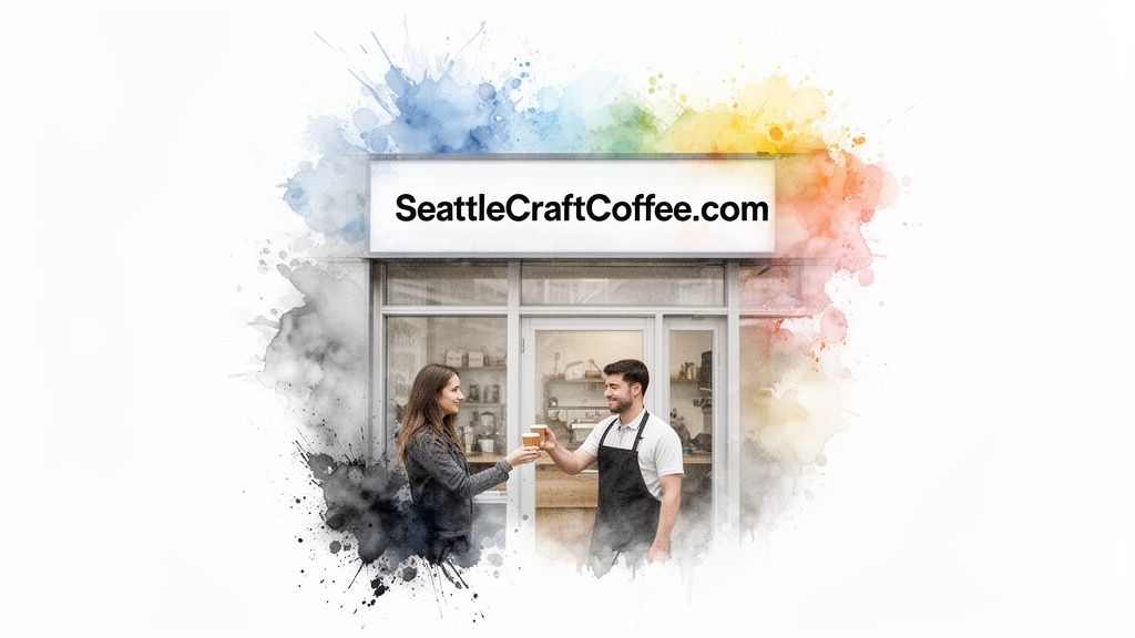 A happy customer receives a coffee from a barista in front of SeattleCraftCoffee.com shop.