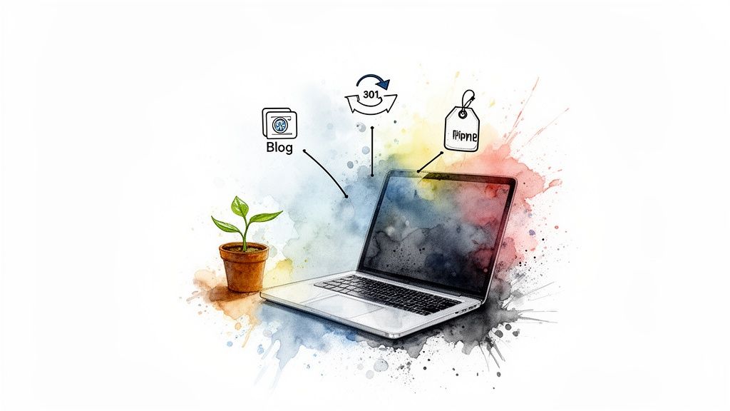 Watercolor illustration of a laptop, plant, blog icon, 301 redirect symbol, and domain tag.